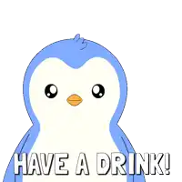 a penguin holding a bottle of water with the words have a drink written below it