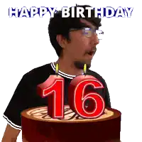 a man blowing out a candle on a cake that says 16