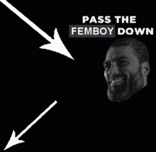 a man with a beard is smiling with arrows pointing to him and the words pass the femboy down below him