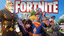 a group of cartoon characters are posing for a picture in front of a fortnite logo