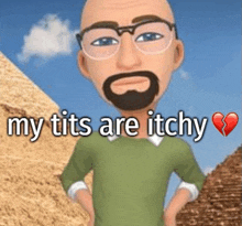 a cartoon man with glasses and a beard is standing in front of a pyramid and a mountain .