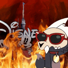 a cartoon character wearing red sunglasses is standing in front of a disney logo