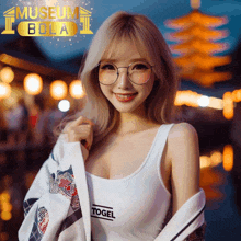 a woman wearing glasses and a tank top that says togel