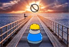 a cartoon character wearing a hard hat stands on a wooden pier overlooking the ocean