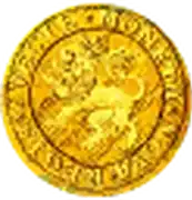 a close up of a gold coin with a lion on it and the letters ' e ' on it