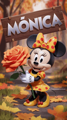 minnie mouse holding an orange rose in front of a wooden sign that says monica