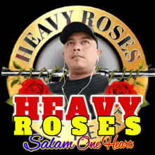 a heavy roses logo with a man in the center