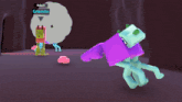 a video game character named gremlin is standing next to a purple dog