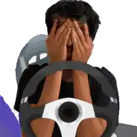 a man with glasses is covering his face with his hands while holding a steering wheel