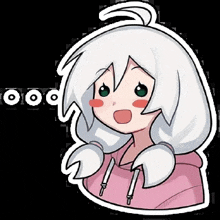 a cartoon girl with white hair and green eyes is wearing a pink hoodie and has a surprised look on her face .