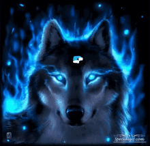 a painting of a wolf with blue flames around its head