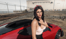 a woman in glasses stands next to a red sports car