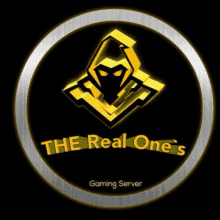 a logo for the real one 's gaming server with a hooded figure in a circle on a black background .