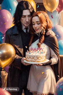 a woman holding a cake that says happy on it