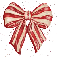 a red and white striped bow on a white background with confetti