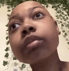 a close up of a woman 's face with a bald head looking up at the camera .