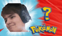 a boy wearing headphones is standing in front of a pokemon sign