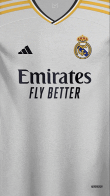 a white jersey with emirates fly better on it