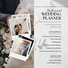 a poster for a professional wedding planner shows a bride and groom