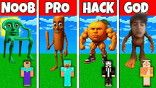 a bunch of cartoon characters are standing next to each other with the words noob pro hack god written on them