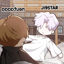 a cartoon of a man with purple hair and the name ji9star