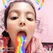 a little girl taking a sweet selfie with a rainbow coming out of her tongue