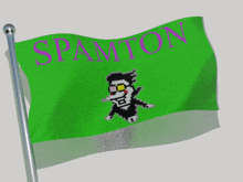 a green flag that says spamton with a pixelated man on it