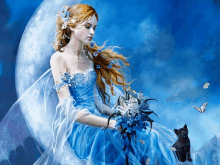 a painting of a woman in a blue dress holding flowers and a black cat