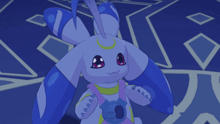 a blue and white cartoon character with a camera around his neck