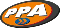 an orange and black logo for ppa with an arrow pointing to the right