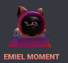 a cartoon character wearing sunglasses and a purple hoodie with the words " emiel moment " below it .