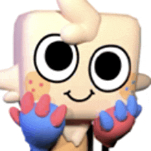 a cartoon character with horns and claws is smiling and holding his hands in front of his face .