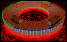 a computer generated image of a stadium with a red light coming out of the center