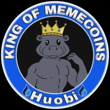 a logo for king of memecoins huobi with a hippo with a crown on his head