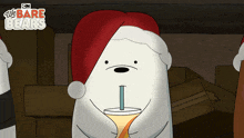 a cartoon of ice bear wearing a santa hat drinking a drink