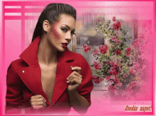 a woman in a red jacket is standing in front of a pink background with flowers and the words csodas napot