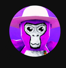 a purple gorilla wearing a white hat and a pineapple necklace