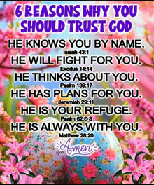 a poster that says " 6 reasons why you should trust god " with flowers in the background