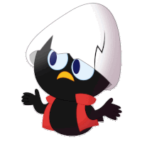 a black bird with a white hat and red vest