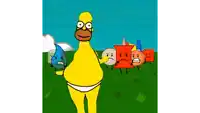 a cartoon of homer simpson in a diaper standing in a field with other cartoon characters