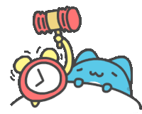 a red alarm clock with the letter j on it is being smashed by a blue cat