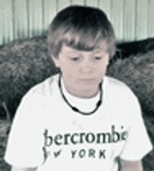 a young boy wearing a white abercrombie & fitch t-shirt is sitting next to a pile of hay .