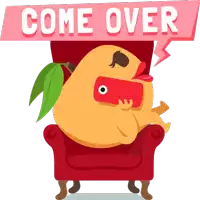 a cartoon character sitting in a chair with a sign that says " come over "