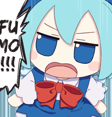 a cartoon drawing of a girl with a red bow says fu mo