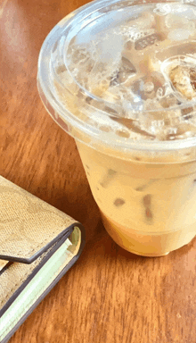 a cup of iced coffee sits on a wooden table next to a wallet