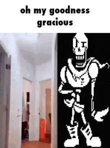 a skeleton is dancing in a hallway next to a picture of papyrus from undertale .