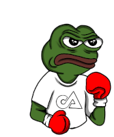 a green frog wearing boxing gloves and a white shirt with the letter ca on it .