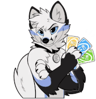 a furry character is holding four uno cards in his paws