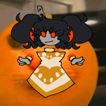a drawing of a girl with a g on her head standing next to an orange