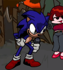 a cartoon of sonic holding a microphone next to a woman